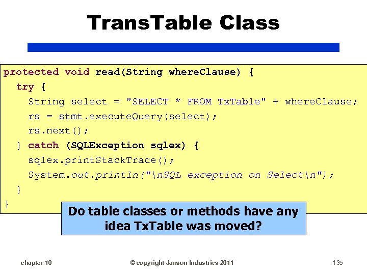 Trans. Table Class protected void read(String where. Clause) { try { String select =