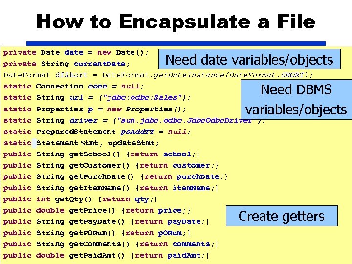 How to Encapsulate a File private Date date = new Date(); private String current.