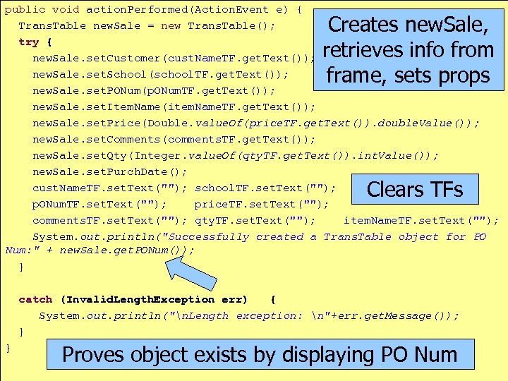 public void action. Performed(Action. Event e) { Trans. Table new. Sale = new Trans.