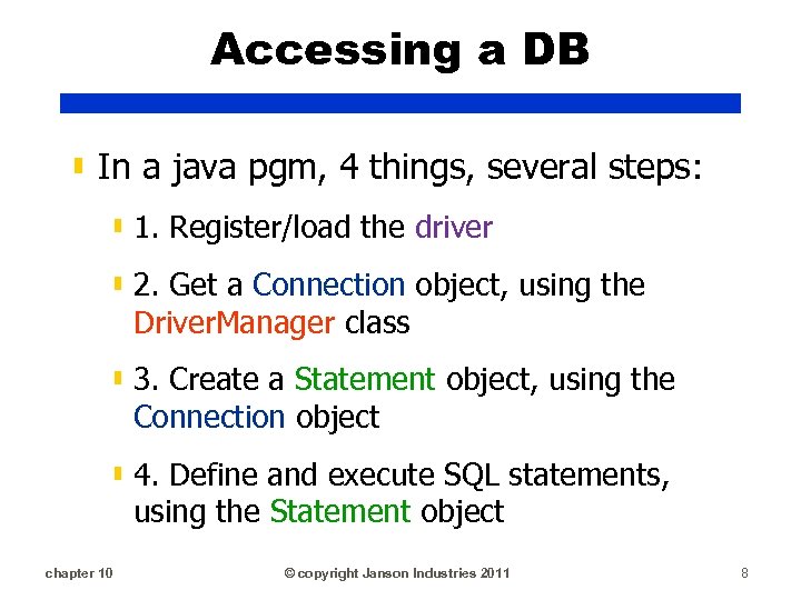 Accessing a DB ▮ In a java pgm, 4 things, several steps: ▮ 1.