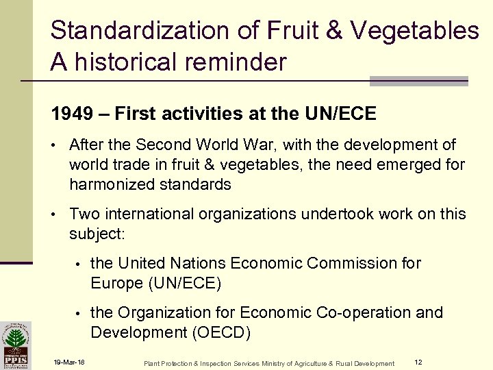 Standardization of Fruit & Vegetables A historical reminder 1949 – First activities at the