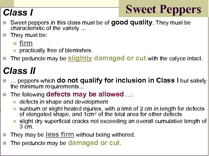 Sweet Peppers Class I n Sweet peppers in this class must be of characteristic