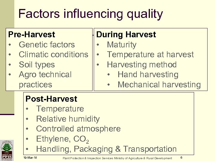 Factors influencing quality Pre-Harvest • Genetic factors • Climatic conditions • Soil types •