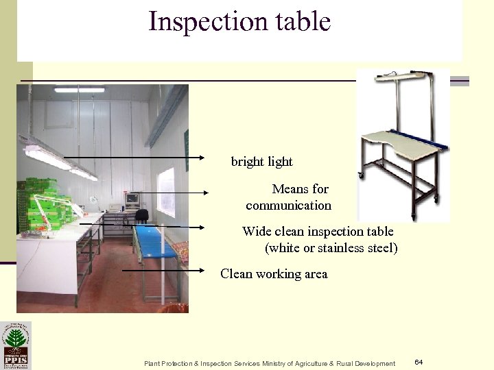 Inspection table bright light Means for communication Wide clean inspection table (white or stainless