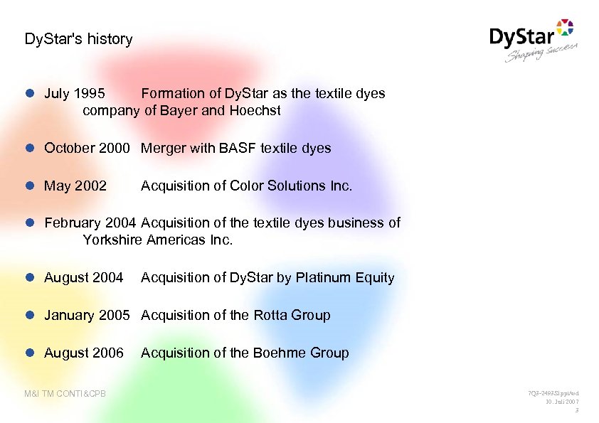 Dy. Star's history l July 1995 Formation of Dy. Star as the textile dyes