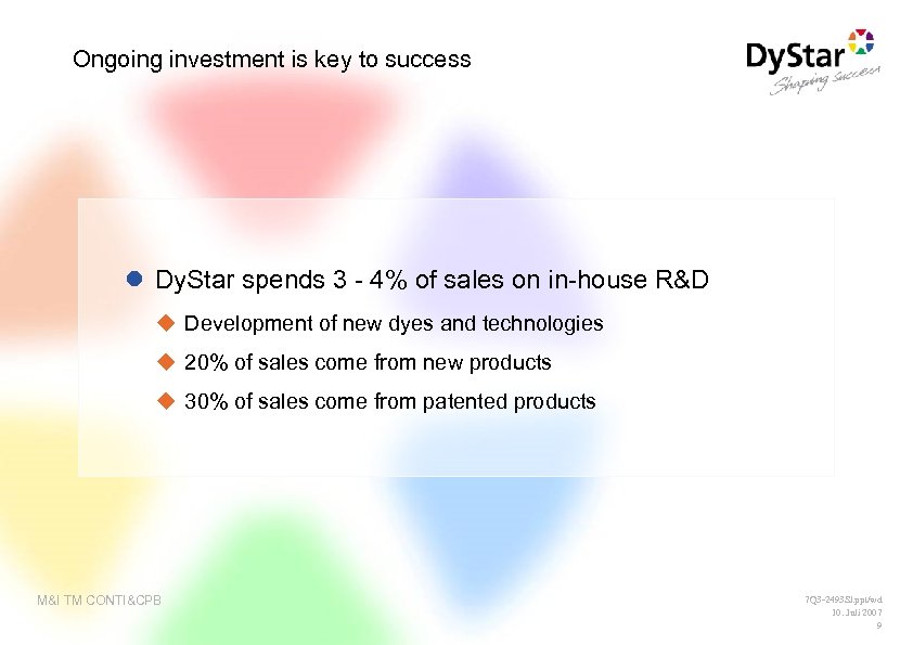 Ongoing investment is key to success l Dy. Star spends 3 - 4% of
