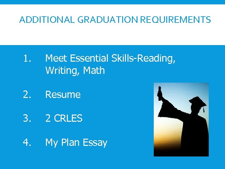 ADDITIONAL GRADUATION REQUIREMENTS 1. Meet Essential Skills-Reading, Writing, Math 2. Resume 3. 2 CRLES