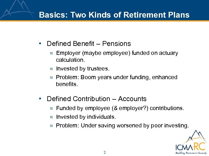 Basics: Two Kinds of Retirement Plans • Defined Benefit – Pensions ³ ³ ³