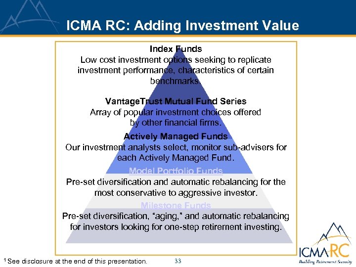 ICMA RC: Adding Investment Value Index Funds Low cost investment options seeking to replicate