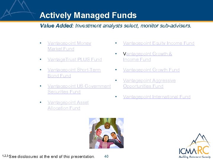 Actively Managed Funds Value Added: Investment analysts select, monitor sub-advisers. • • • Vantagepoint