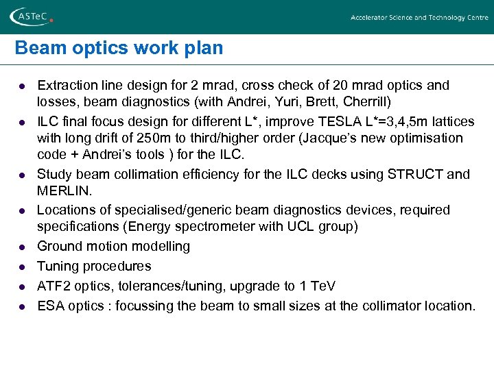 Beam optics work plan l l l l Extraction line design for 2 mrad,