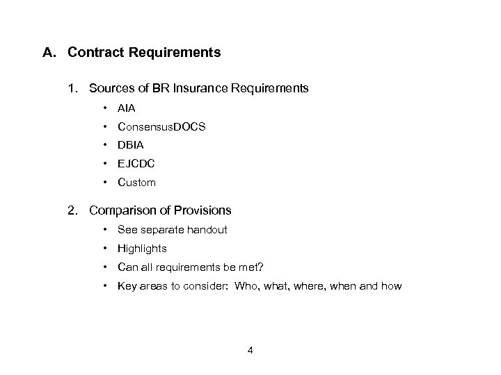 A. Contract Requirements 1. Sources of BR Insurance Requirements • AIA • Consensus. DOCS