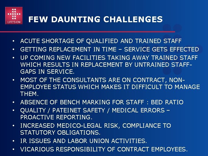 FEW DAUNTING CHALLENGES • ACUTE SHORTAGE OF QUALIFIED AND TRAINED STAFF • GETTING REPLACEMENT