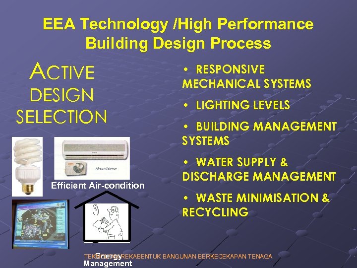 EEA Technology /High Performance Building Design Process ACTIVE DESIGN SELECTION Efficient Air-condition • RESPONSIVE