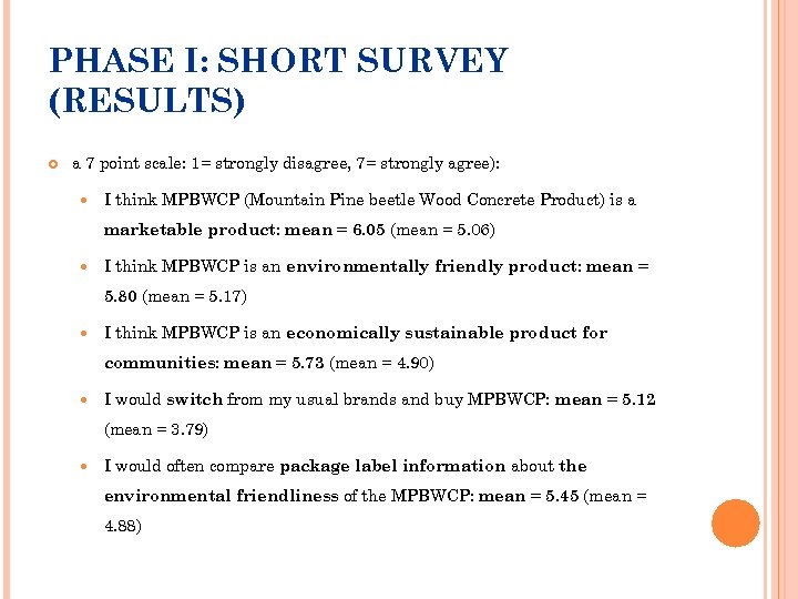 PHASE I: SHORT SURVEY (RESULTS) a 7 point scale: 1= strongly disagree, 7= strongly