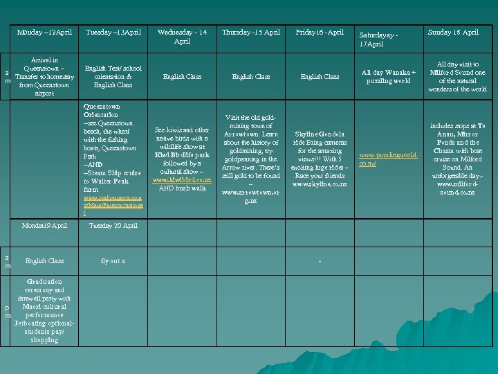 Monday – 12 April Tuesday – 13 April Arrival in Queenstown – a Transfer