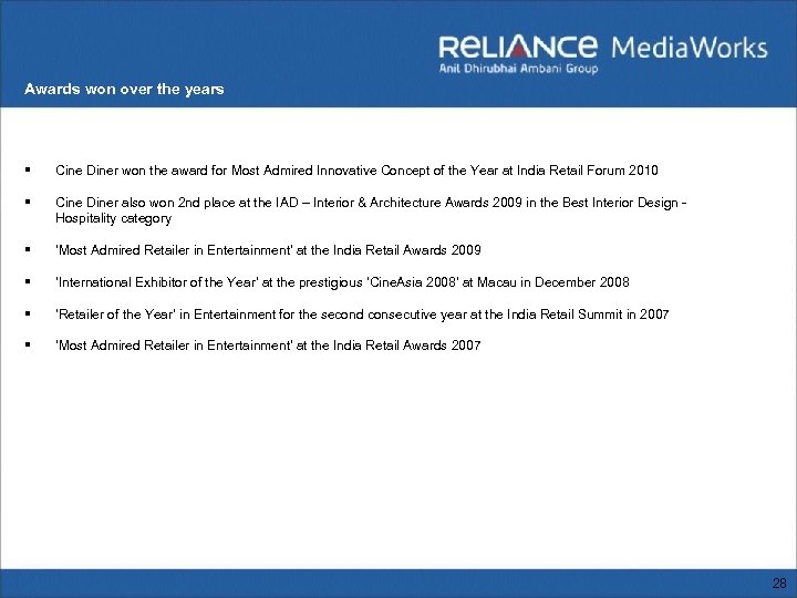 Awards won over the years § Cine Diner won the award for Most Admired