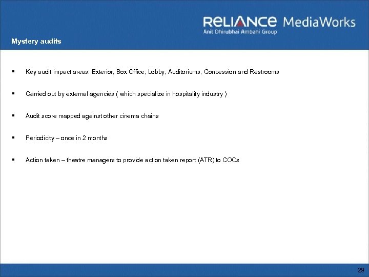 Mystery audits § Key audit impact areas: Exterior, Box Office, Lobby, Auditoriums, Concession and