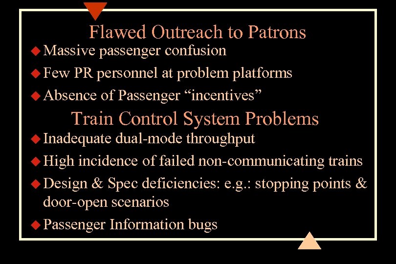Flawed Outreach to Patrons u Massive passenger confusion u Few PR personnel at problem