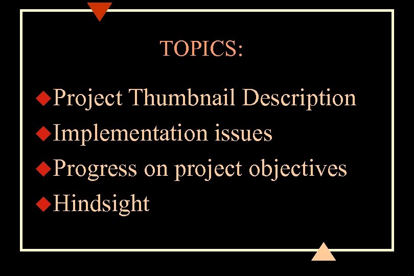 TOPICS: u. Project Thumbnail Description u. Implementation issues u. Progress on project objectives u.
