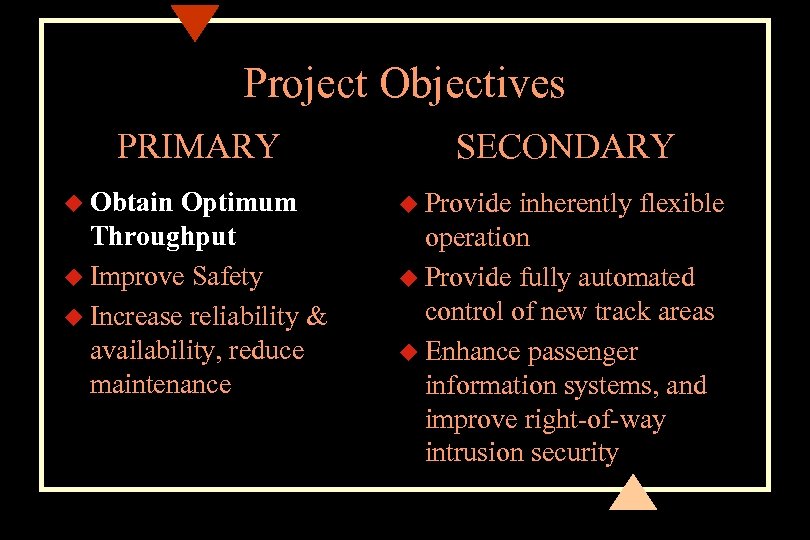 Project Objectives PRIMARY u Obtain Optimum Throughput u Improve Safety u Increase reliability &