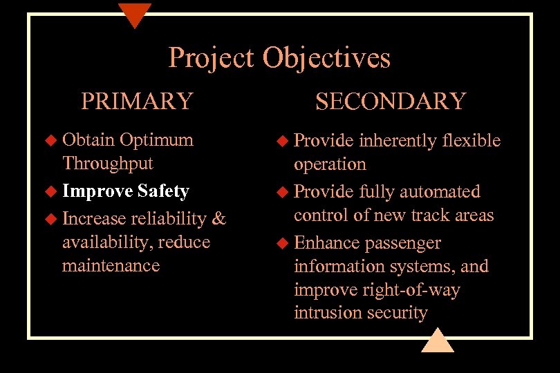 Project Objectives PRIMARY u Obtain Optimum Throughput u Improve Safety u Increase reliability &