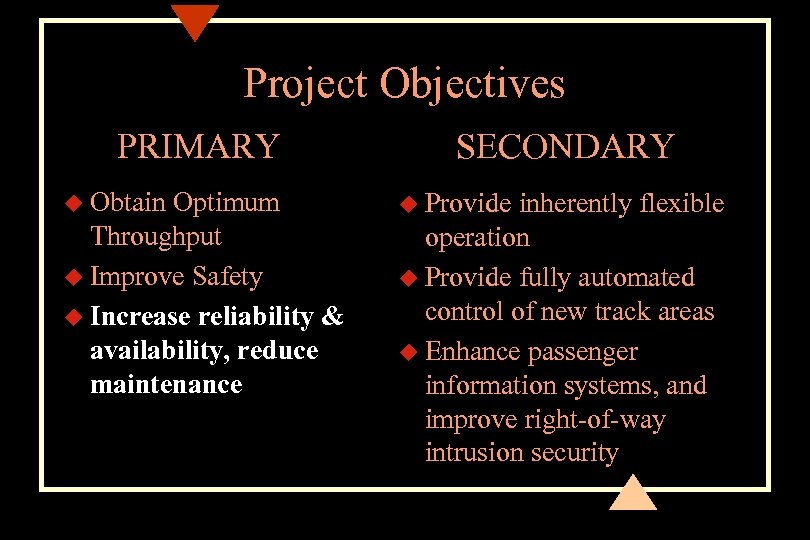Project Objectives PRIMARY u Obtain Optimum Throughput u Improve Safety u Increase reliability &
