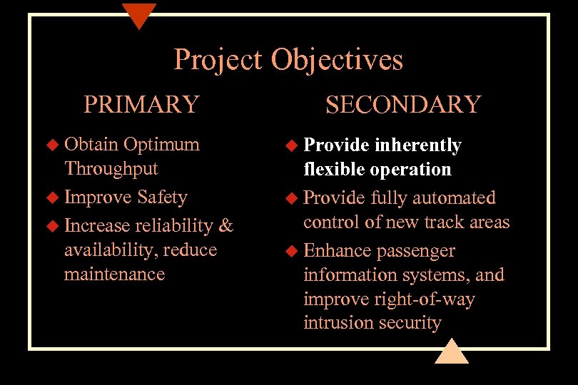 Project Objectives PRIMARY u Obtain Optimum Throughput u Improve Safety u Increase reliability &
