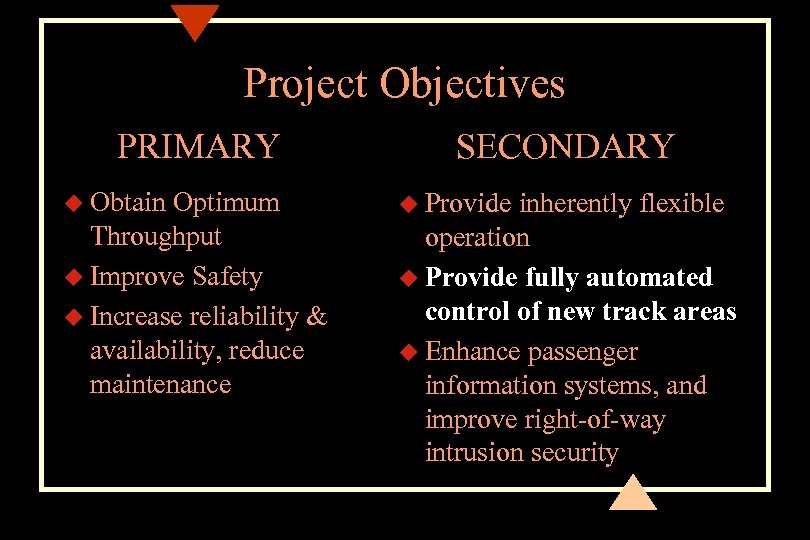 Project Objectives PRIMARY u Obtain Optimum Throughput u Improve Safety u Increase reliability &