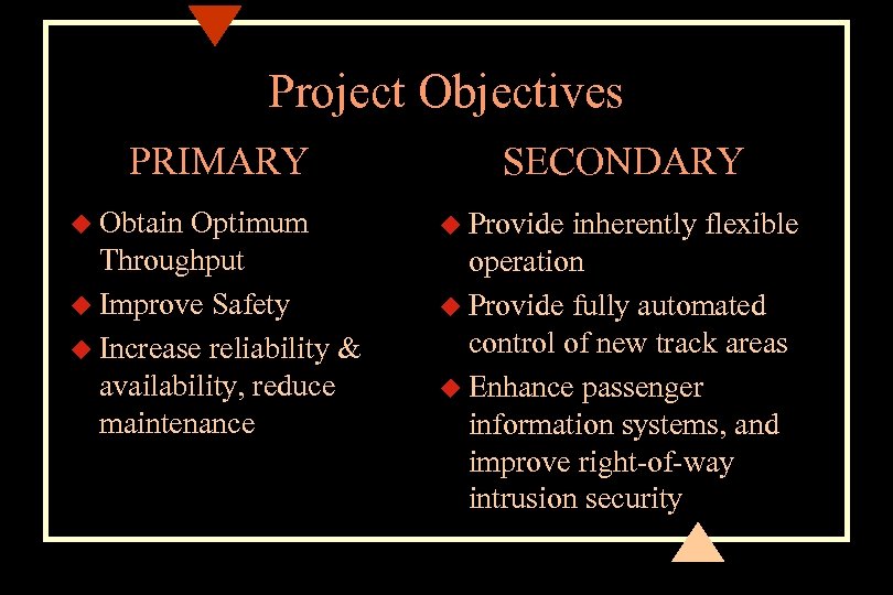 Project Objectives PRIMARY u Obtain Optimum Throughput u Improve Safety u Increase reliability &