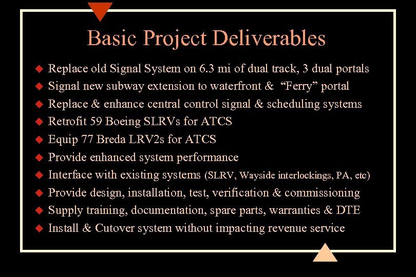 Basic Project Deliverables u u u u u Replace old Signal System on 6.