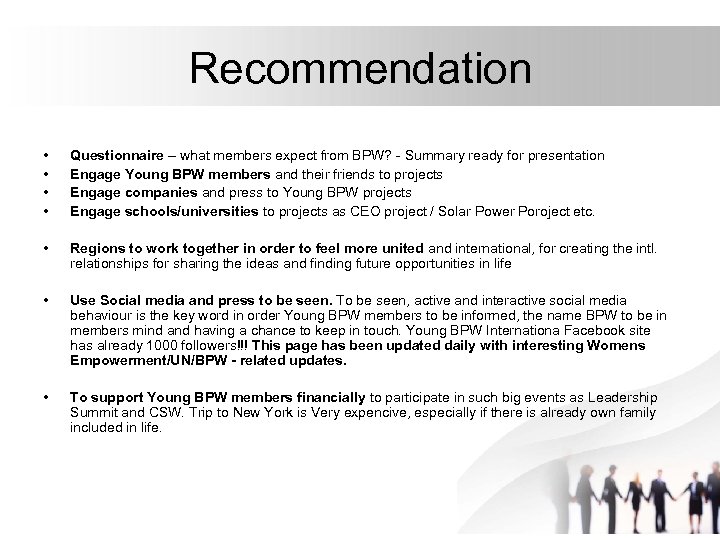 Recommendation • • Questionnaire – what members expect from BPW? - Summary ready for