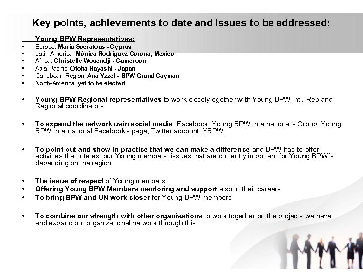 Key points, achievements to date and issues to be addressed: Young BPW Representatives: •