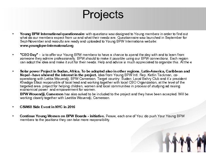 Projects • Young BPW International questionnaire with questions was designed to Young members in