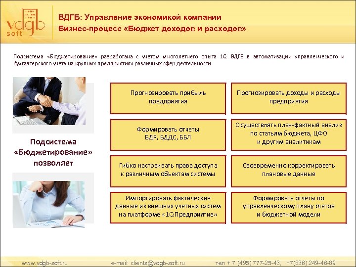 ВДГБ: Управление экономикой компании Бизнес-процесс «Бюджет доходов и расходов» Подсистема «Бюджетирование» разработана с учетом