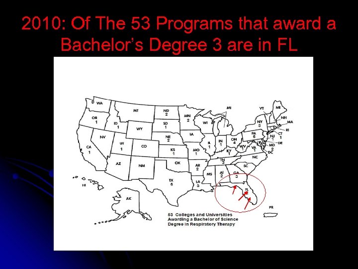 2010: Of The 53 Programs that award a Bachelor’s Degree 3 are in FL