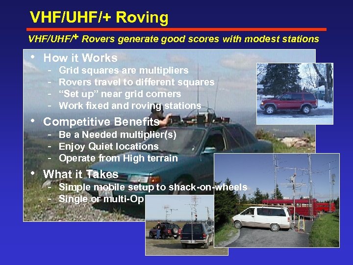 VHF/UHF/+ Roving VHF/UHF/+ Rovers generate good scores with modest stations • How it Works