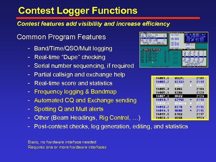 Contest Logger Functions Contest features add visibility and increase efficiency Common Program Features Band/Time/QSO/Mult