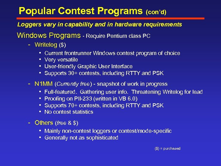 Popular Contest Programs (con’d) Loggers vary in capability and in hardware requirements Windows Programs