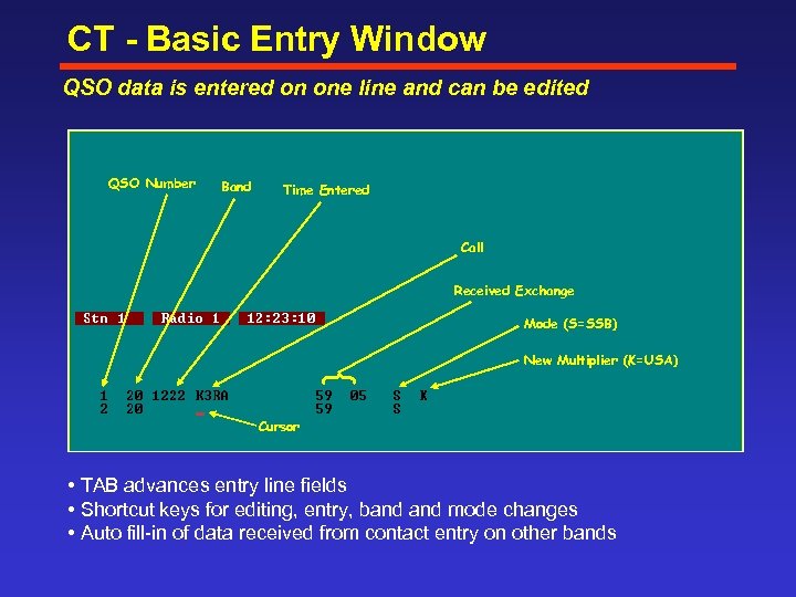 CT - Basic Entry Window QSO data is entered on one line and can