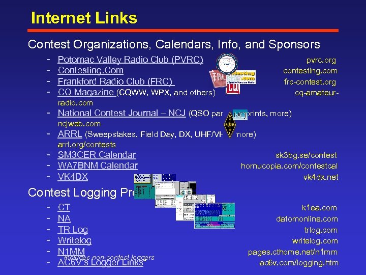 Internet Links Contest Organizations, Calendars, Info, and Sponsors Potomac Valley Radio Club (PVRC) Contesting.