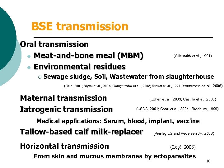 BSE transmission Oral transmission l Meat-and-bone meal (MBM) l Environmental residues ¡ (Wilesmith et