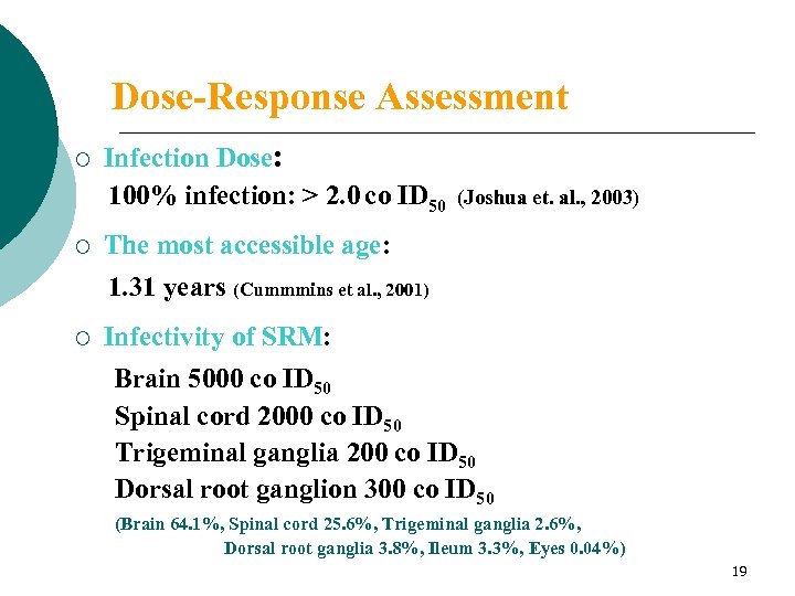 Dose-Response Assessment ¡ Infection Dose: 100% infection: > 2. 0 co ID 50 (Joshua