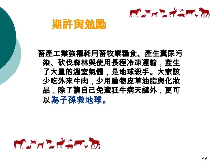 期許與勉勵 畜產 業強權耗用畜牧業糧食、產生糞尿污 染、砍伐森林與使用長程冷凍運輸，產生 了大量的溫室氣體，是地球殺手。大家該 少吃外來牛肉，少用動物皮草油脂與化妝 品，除了讓自己免遭狂牛病天譴外，更可 以 為子孫救地球。 49 