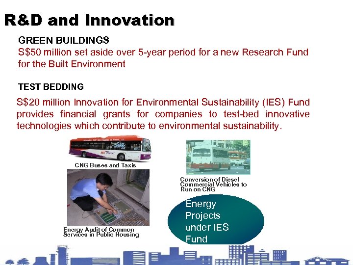 R&D and Innovation GREEN BUILDINGS S$50 million set aside over 5 -year period for