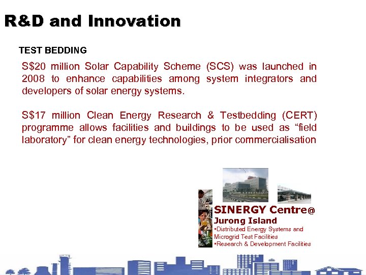 R&D and Innovation TEST BEDDING S$20 million Solar Capability Scheme (SCS) was launched in