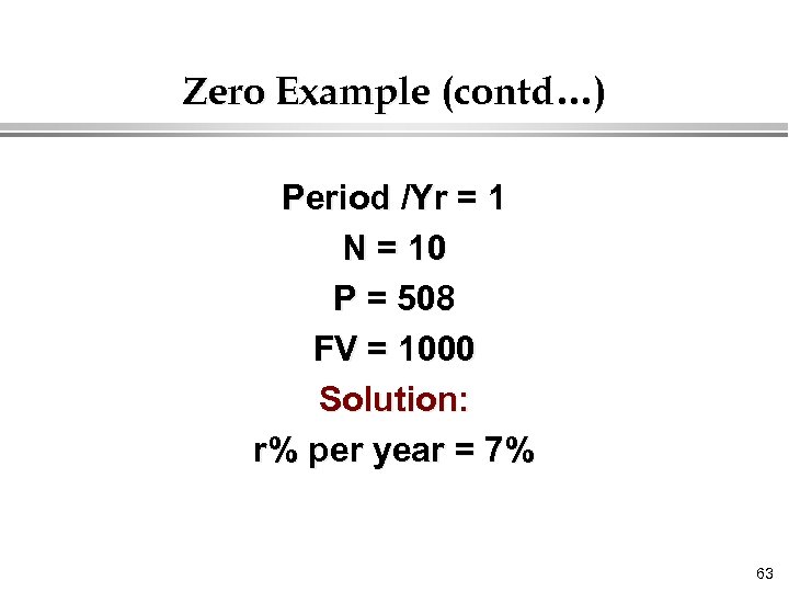 Zero Example (contd…) Period /Yr = 1 N = 10 P = 508 FV
