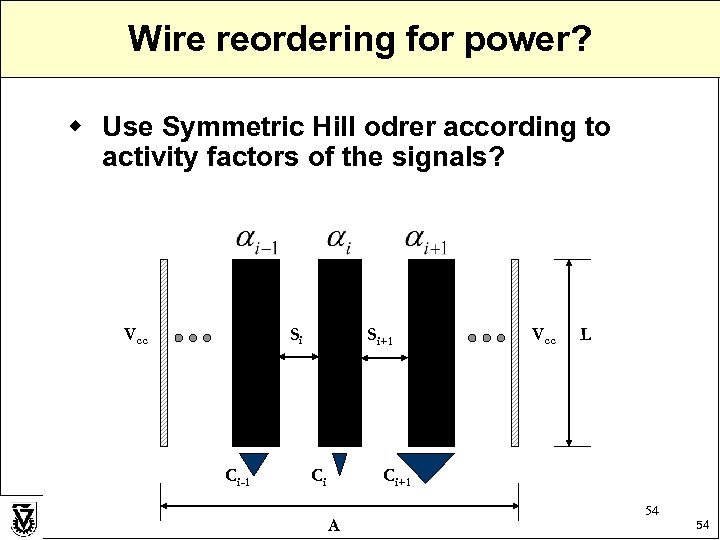 Wire reordering for power? w Use Symmetric Hill odrer according to activity factors of