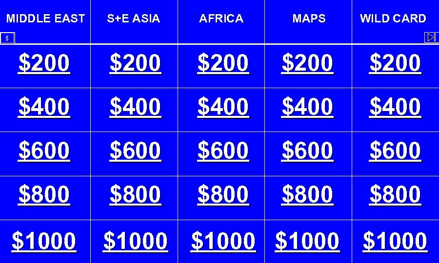 MIDDLE EAST S+E ASIA AFRICA MAPS WILD CARD $200 $200 $400 $400 $600 $600