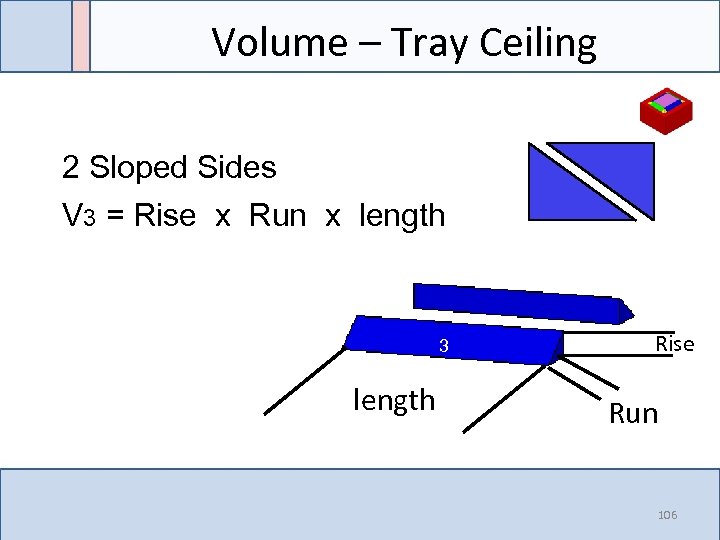 Volume – Tray Ceiling 2 Sloped Sides V 3 = Rise x Run x